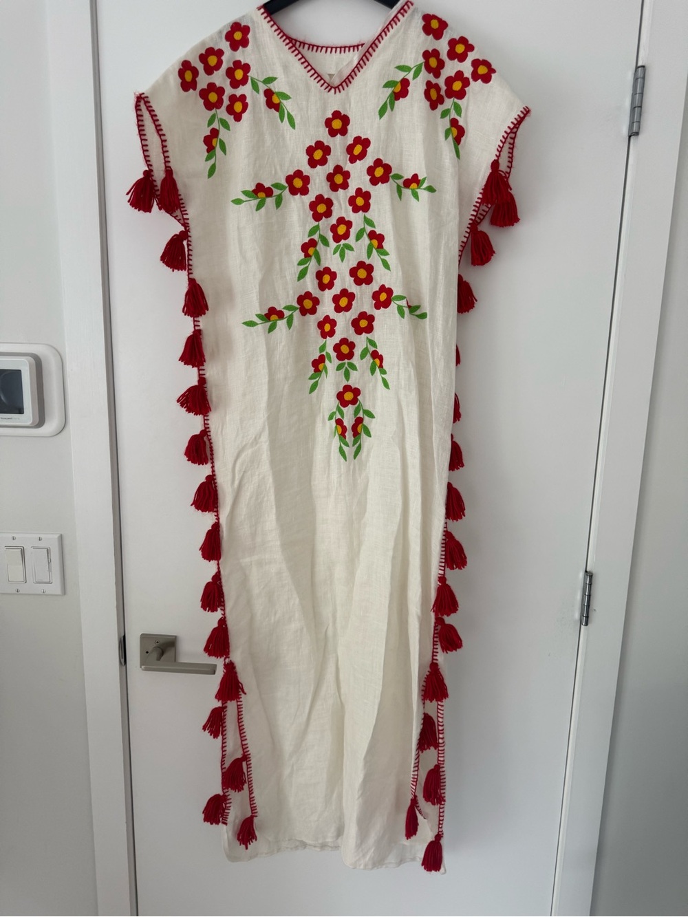 Embroidered Floral Tassel Caftan — Red & Green on Cream